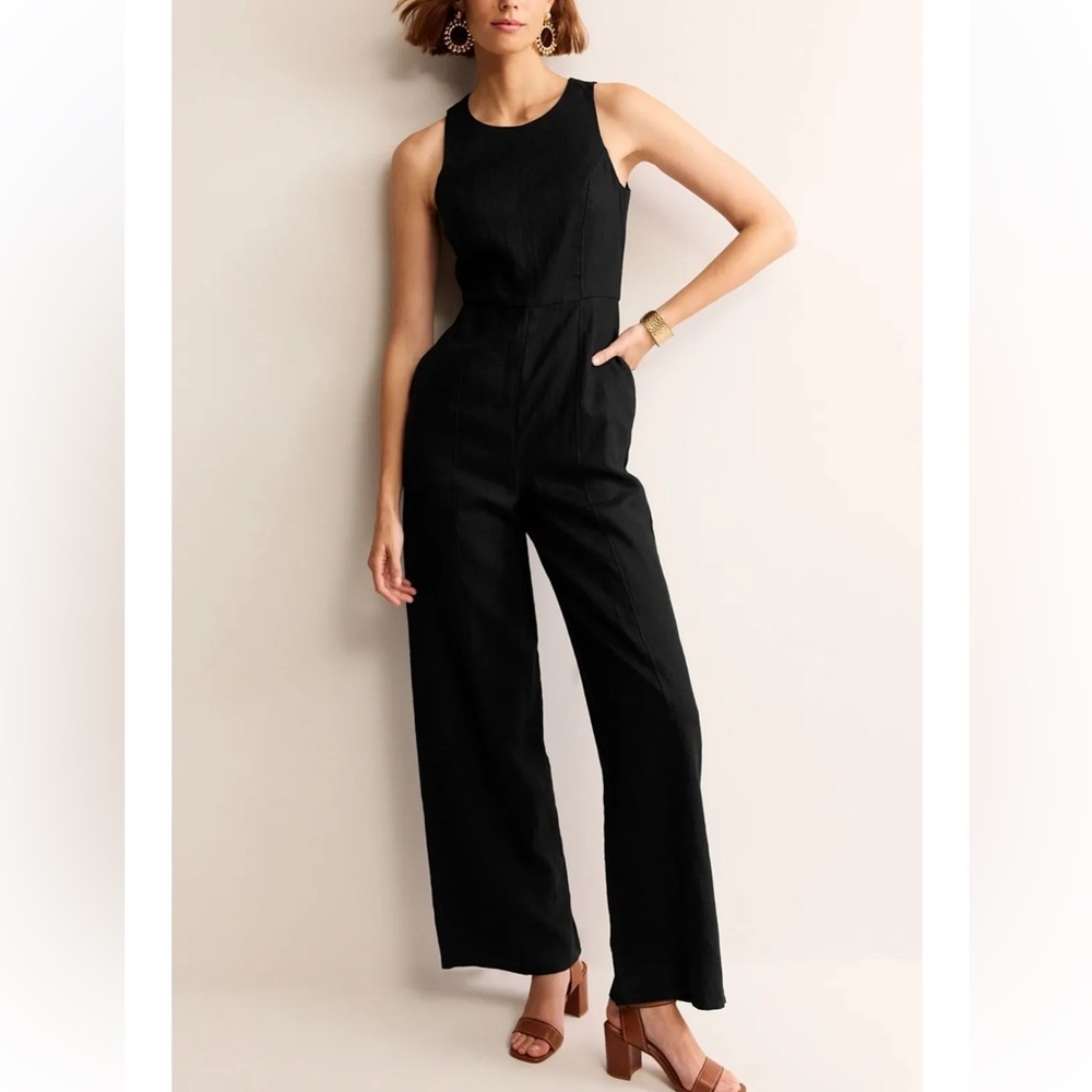 New Boden Carla 100% Linen Jumpsuit Black With Pockets Sleeveless Womens size 6P